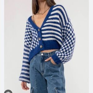 Blue and White Striped Women's Cropped oversized Cardigan